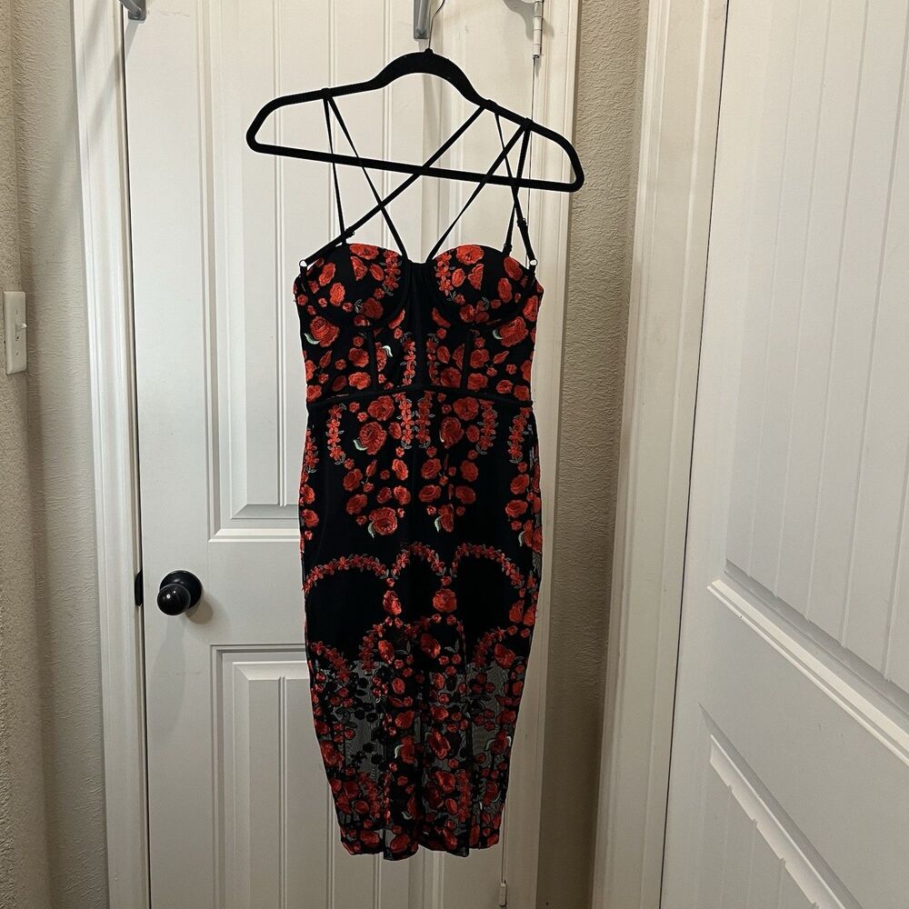 Nasty Gal Sworn to Secrecy Dress Black Red Rose Sheer Lined Sheer Womens Size S